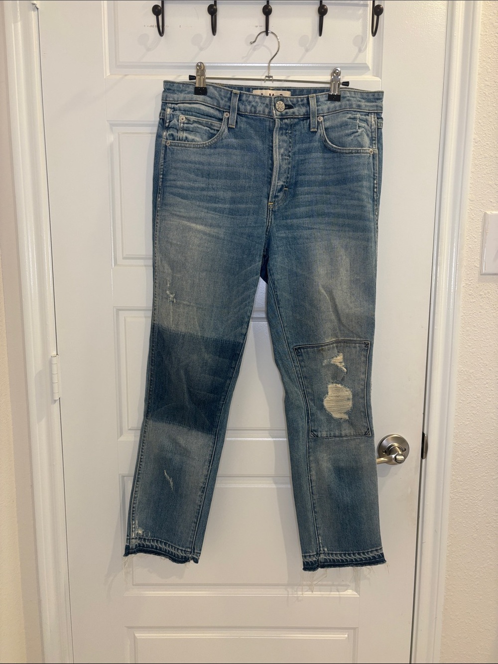 AMO Babe Distressed Straight Leg Jeans Patchwork Raw Hem Size 31